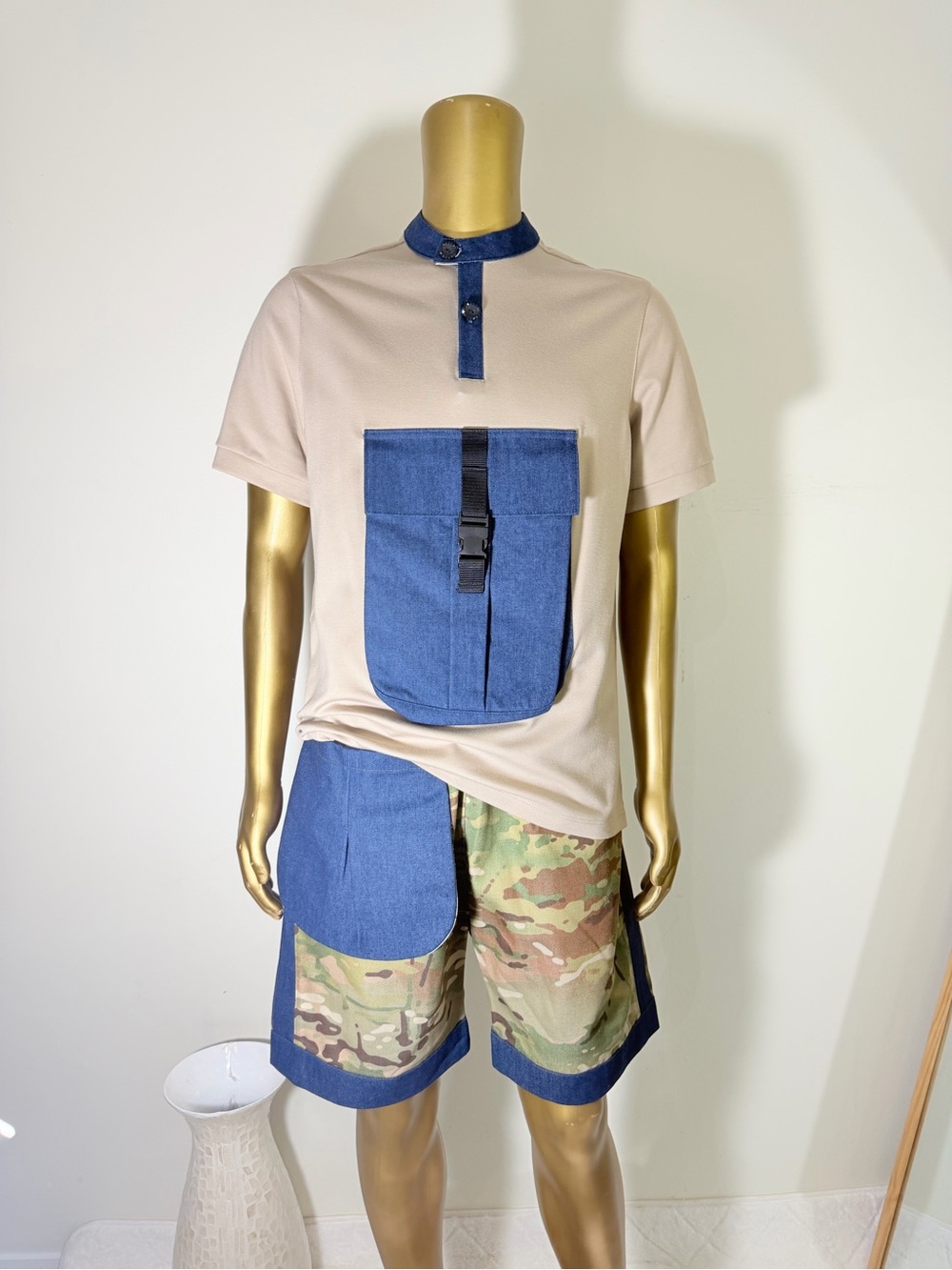 Beige and Blue Cargo Shorts with Camouflage Panels — Men